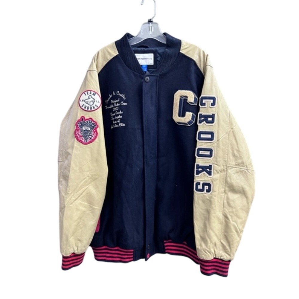 Crooks and Castles 2002 Mens Vintage Varsity Jacket Size 3XL Navy Tan Patches